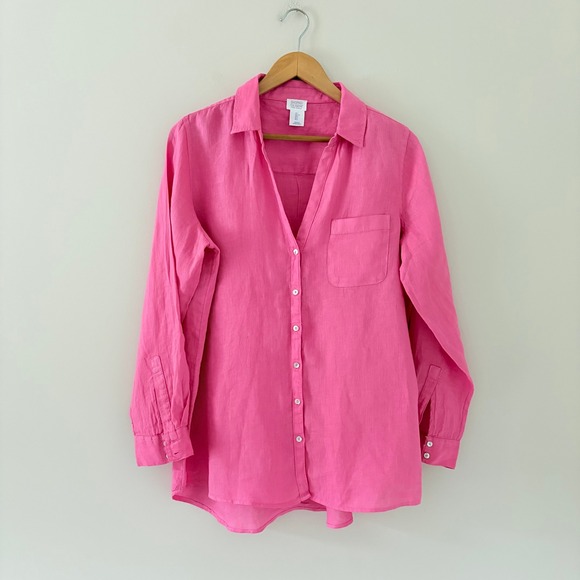 Sigrid Olsen Tops - Sigrid Olsen Shirt Large Pink Linen Button Down Roll Tab Tunic Long Sleeve Top
